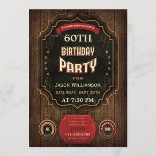 60th Birthday Vintage Chalkboard & Wood Invitation