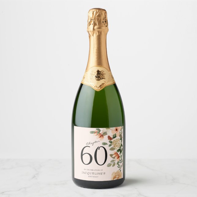 60th Birthday Vintage Floral Sparkling Wine Label (Front)