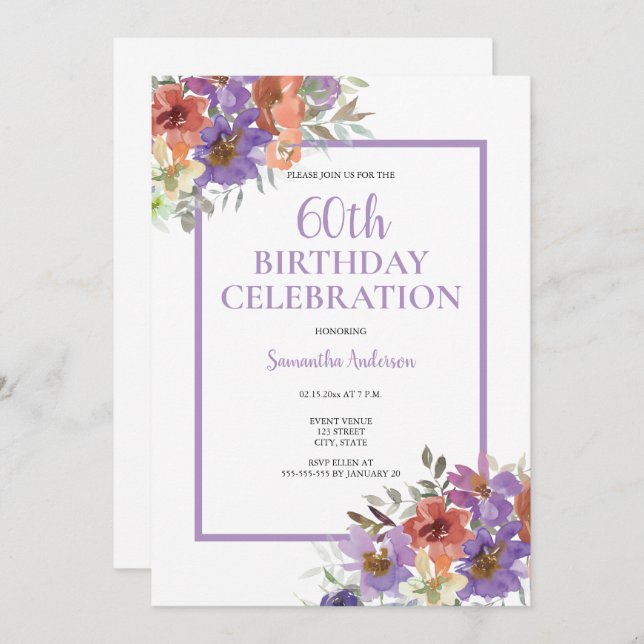 60th Birthday Watercolor Floral  Invitation (Front/Back)