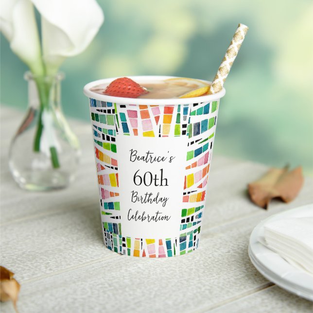 60th Birthday Watercolor Geometric Pattern Paper Cups (Insitu)