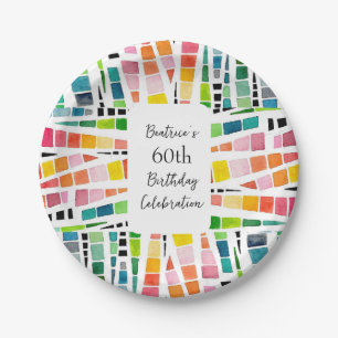 60th Birthday Watercolor Geometric Pattern Paper Plate