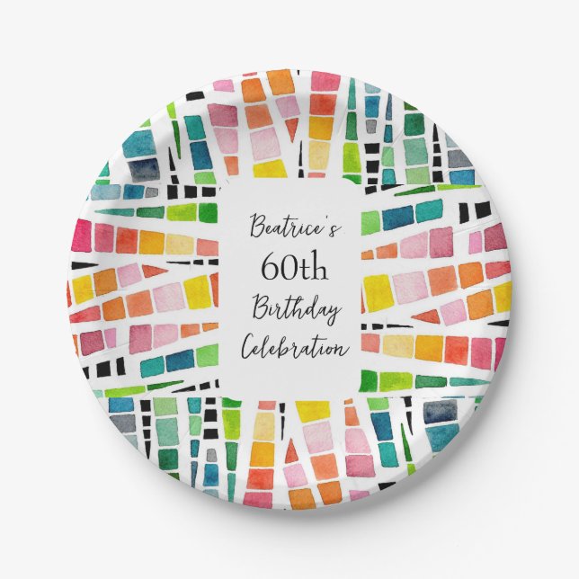  60th Birthday Watercolor Geometric Pattern Paper Plate (Front)