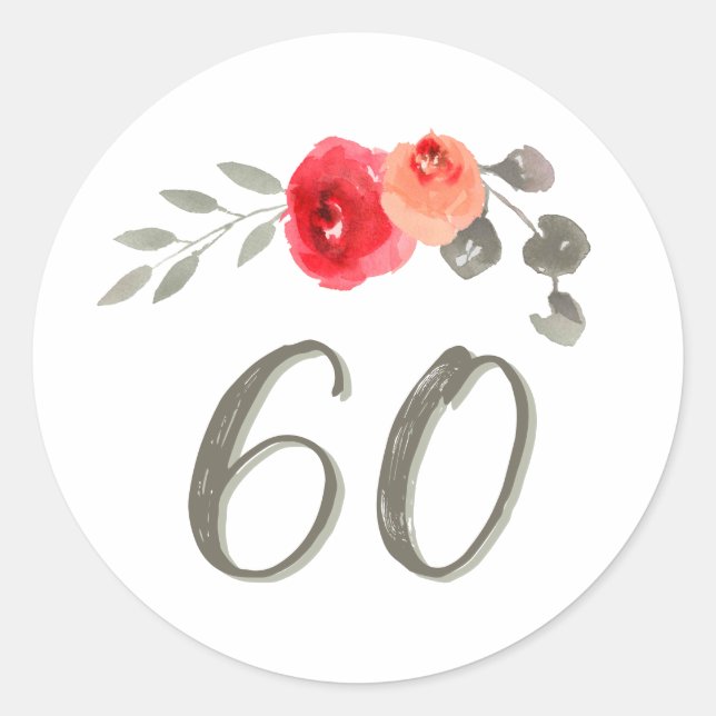 60th Birthday Watercolor Rose Floral Classic Round Sticker (Front)
