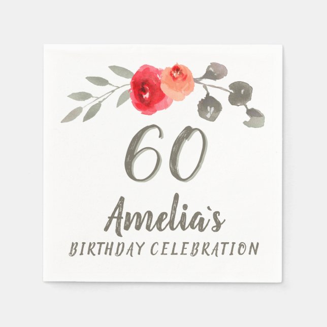 60th Birthday Watercolor Rose Floral Party Napkin (Front)