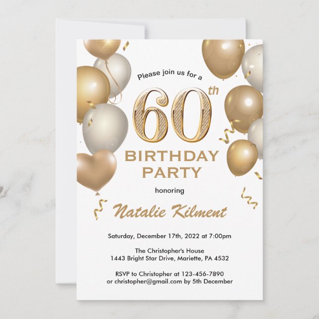 60th Birthday White and Gold Glitter Balloons Invitation (Front)