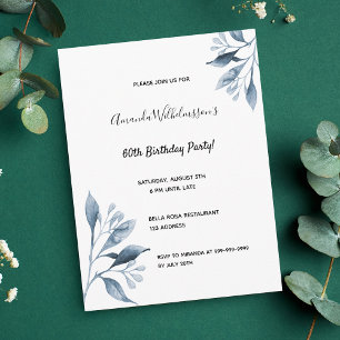 60th birthday white blue botanical invitation postcard
