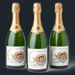 60th Birthday White Gold Calligraphy Custom Photo Sparkling Wine Label<br><div class="desc">60th Birthday White Gold Calligraphy Custom Photo sparkling wine Label. And elegantly designed special birthday celebration invitation,  featuring a custom photo of birthday person and script calligraphy with vintage flourish elements. Simple enough to fit a variety of themes and colours!
Need help? Simply contact me!</div>