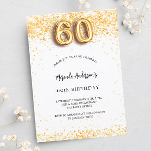 60th birthday white gold confetti elegant invitation postcard