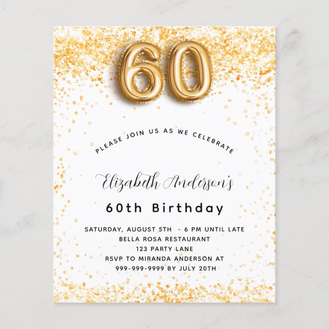 60th birthday white gold glitter budget invitation flyer (Front)