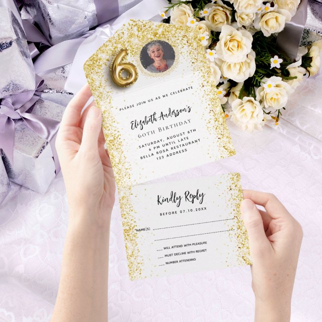 60th birthday white gold photo party RSVP All In One Invitation (Creator Uploaded)