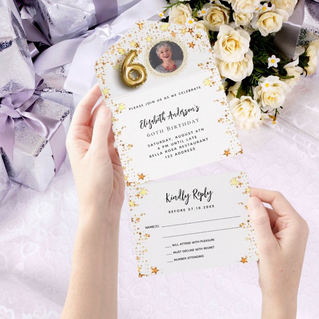 60th birthday white gold stars photo party RSVP All In One Invitation (Creator Uploaded)