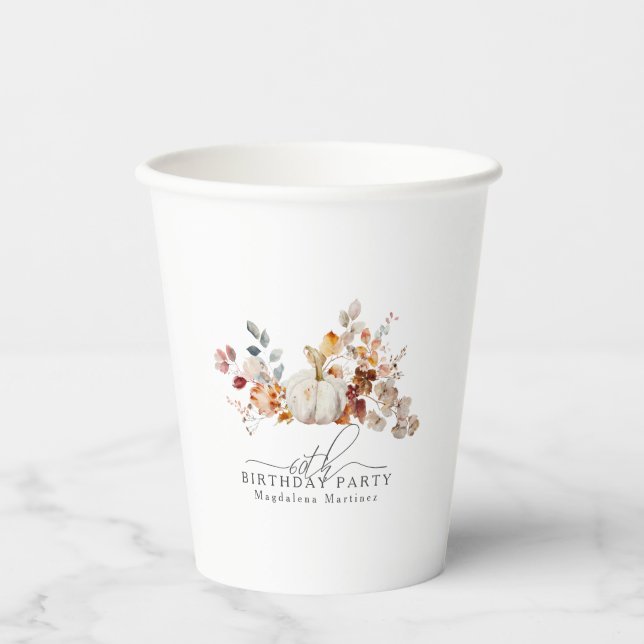 60th Birthday White Pumpkin Fall Flowers Custom Paper Cups (Front)