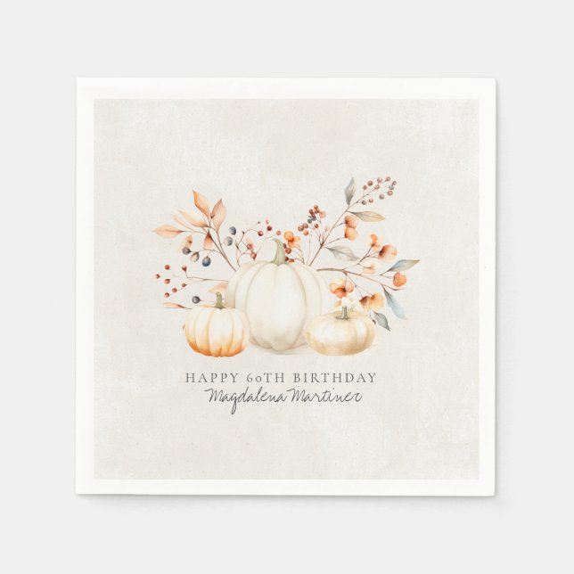 60th Birthday White Pumpkin Fall Leaves Custom Napkin (Front)