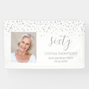 60th Birthday White Silver Confetti Photo Banner