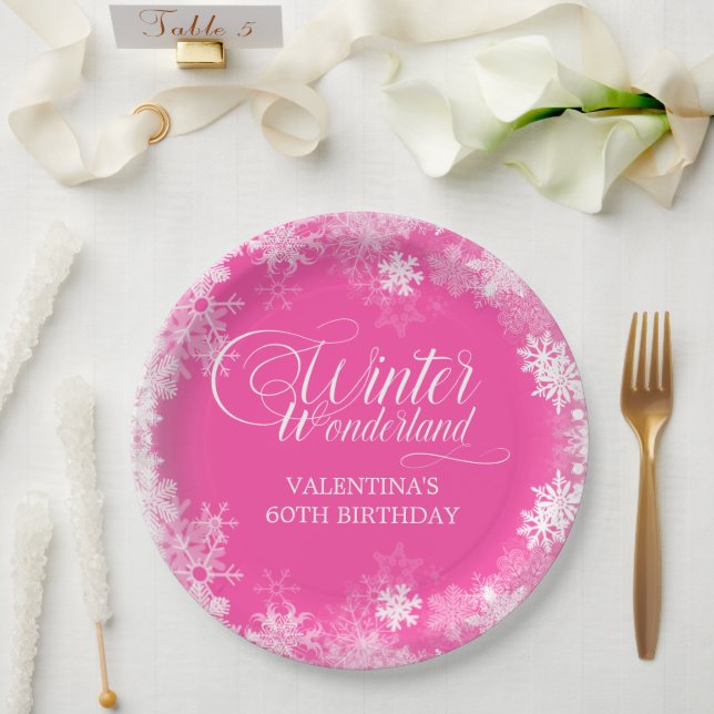 60th Birthday Winter Wonderland Snowflake Pink Paper Plate (Wedding)