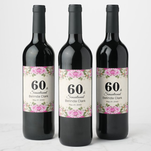 60th Birthday with Flowers on Sparkling Wine Beige Label (Bottles)