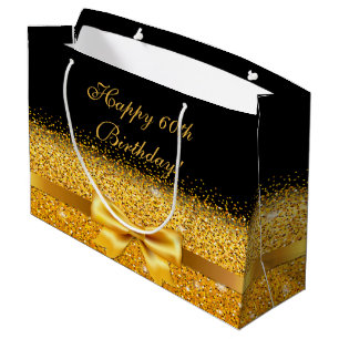 60th birthday with gold bow on chic black large gift bag