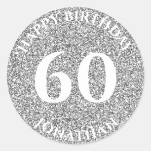 60th Birthday with Name Silver Glitter Classic Round Sticker