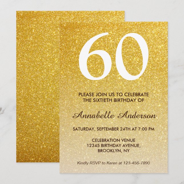 60th Birthday Yellow Gold Glitter Sparkle Ombre Invitation (Front/Back)
