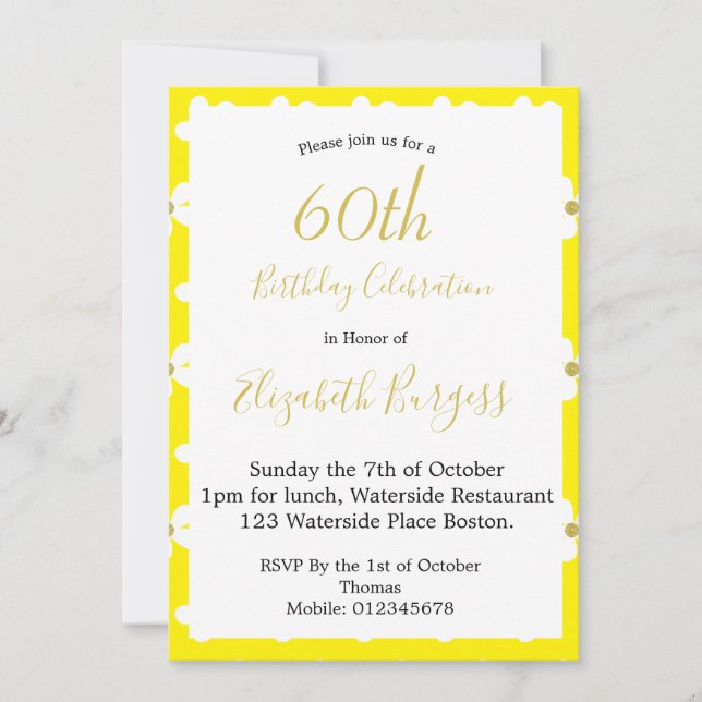 60th Birthday Yellow  Simple Daisy Gold Milestone Invitation (Front)