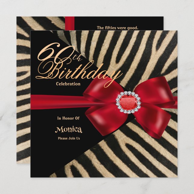 60th Birthday Zebra Red Bow & Diamonds  Invitation (Front/Back)