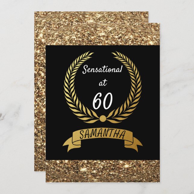 60th Black Gold Glitter Elegant Birthday Party Invitation (Front/Back)