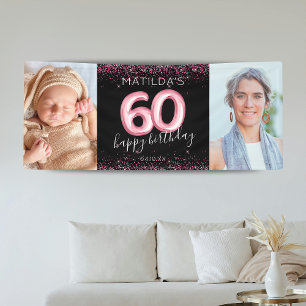 60th Black Pink Happy Birthday Photo Banner