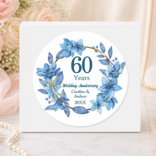 60th Blue Floral Diamond Wedding Anniversary Classic Round Sticker