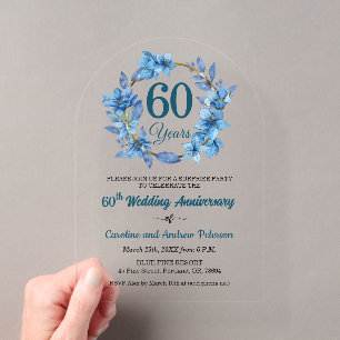 60th Blue Floral Surprise Wedding Anniversary Acrylic Invitations