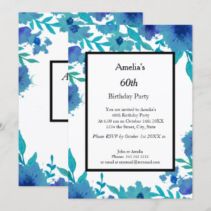 60th blue flowers Birthday Party  Invitation