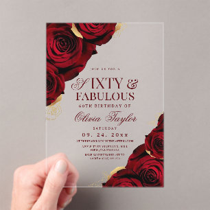 60th Burgundy Gold Roses Birthday Acrylic Invitations