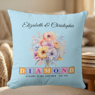 60th Diamond anniversary floral blue Cushion