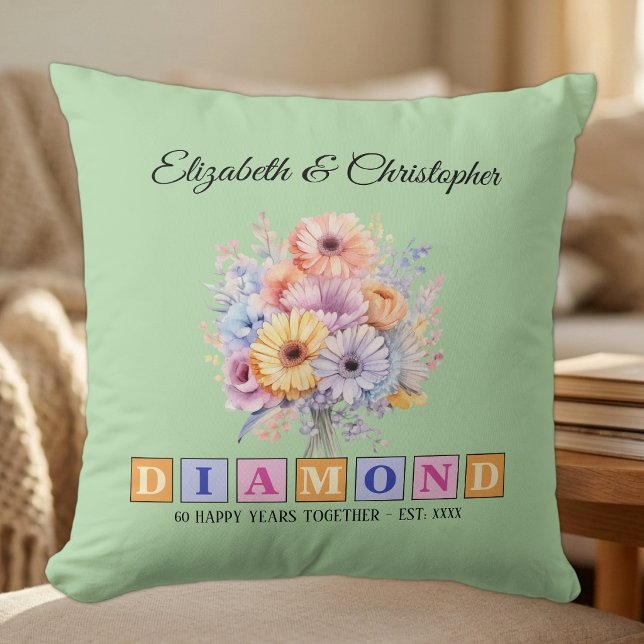 60th Diamond anniversary floral green Cushion (Creator Uploaded)