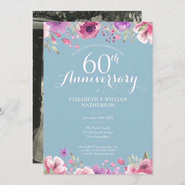 60th Diamond Anniversary Wedding Photo Floral Invitation (Front/Back)