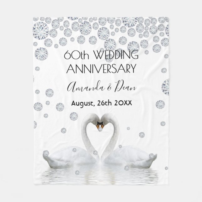 60th diamond anniversary white swans in love fleece blanket (Front)