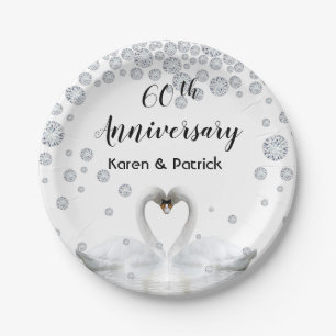 60th diamond wedding anniversary chic white swans paper plate