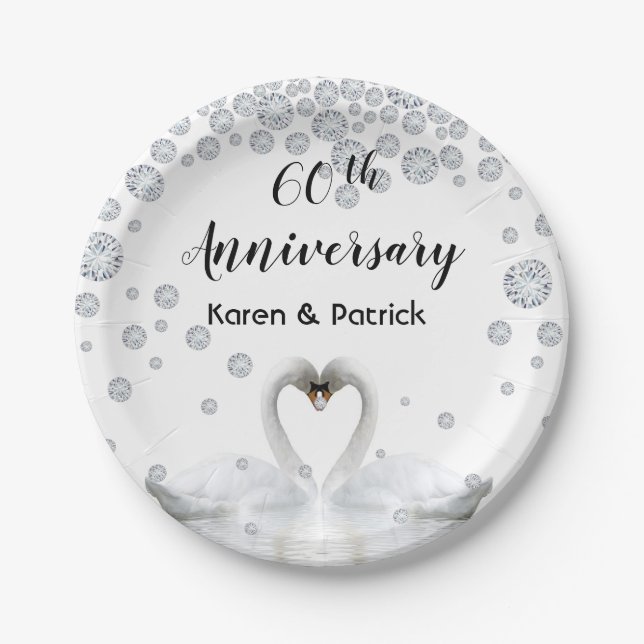60th diamond wedding anniversary chic white swans paper plate (Front)