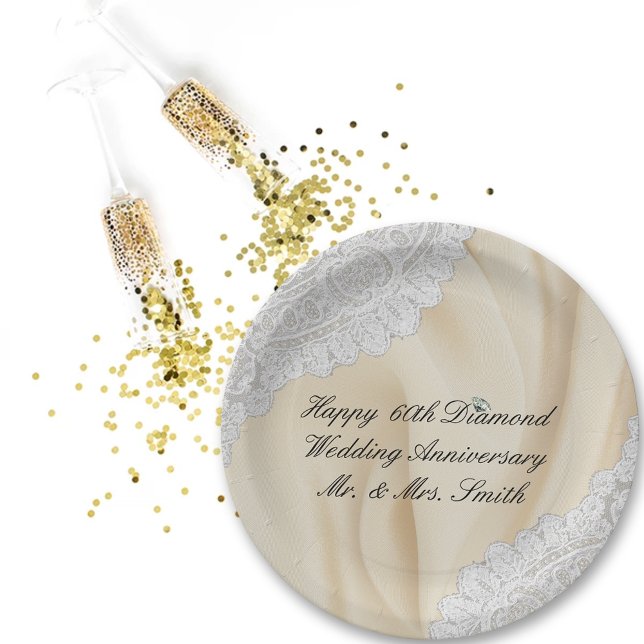 60th Diamond Wedding Anniversary Faux Satin+Lace Paper Plate (Creator Uploaded)