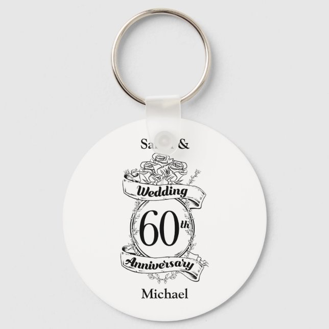 60th Diamond Wedding Anniversary Flowers Key Ring (Front)