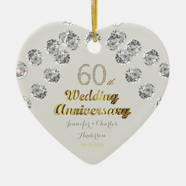 60th Diamond Wedding Anniversary Gold Typography Ceramic Ornament (Front)