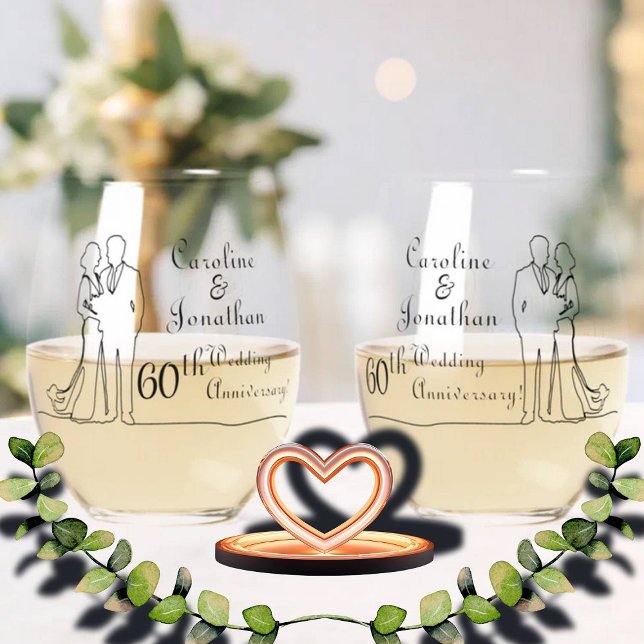 60th Diamond Wedding Anniversary Line Art Couple Stemless Wine Glass (Creator Uploaded)