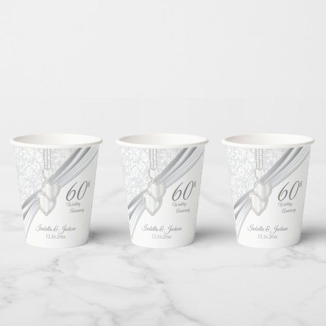 60th Diamond Wedding Anniversary Paper Cups (Multi)