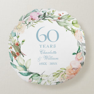 60th Diamond Wedding Anniversary Photo Floral Round Cushion