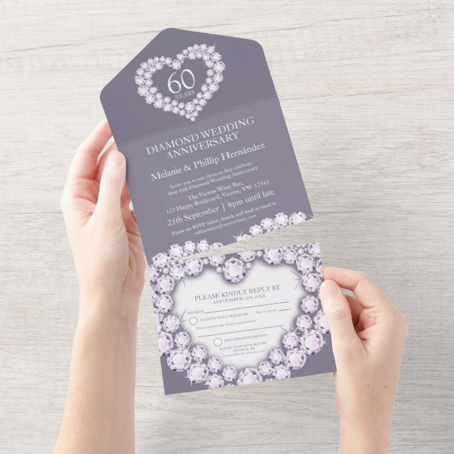 60th diamond wedding anniversary photo grey all in one invitation (Tearaway)