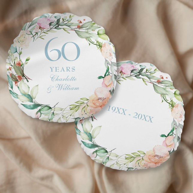 60th Diamond Wedding Anniversary Roses Garland  Round Cushion (60th Diamond Wedding Anniversary Roses Garland Round Pillow)