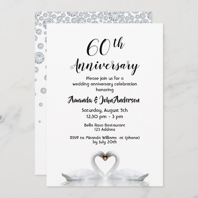 60th diamond wedding anniversary two swans white invitation (Front/Back)