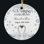 60th diamond wedding anniversary white swans ceramic ornament<br><div class="desc">Two beautiful swans in love bending their heads toghether and forming a heart. Decorated with faux diamonds. White elegant background, perfector for a diamond wedding anniversary! A swan couple stay together for life, so they are the perfect symbol of love. With the text: 60th Anniversary. Template for two names, black...</div>