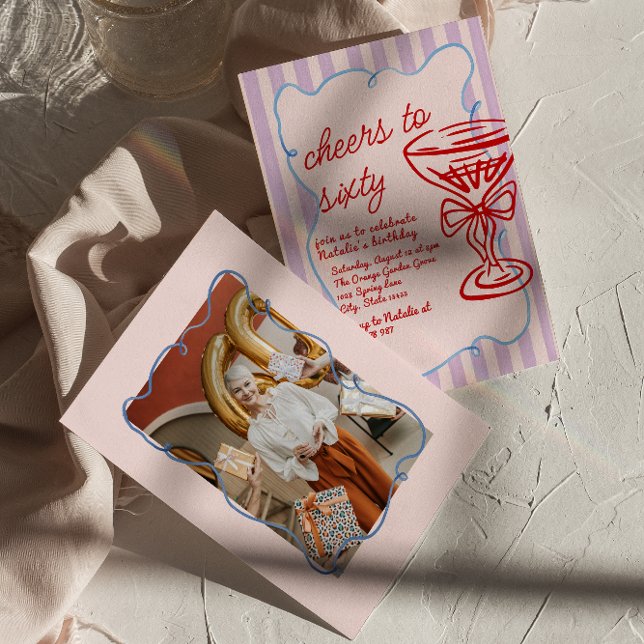 60th Drawn Colourful Champagne Retro Photo Birthda Invitation (Creator Uploaded)