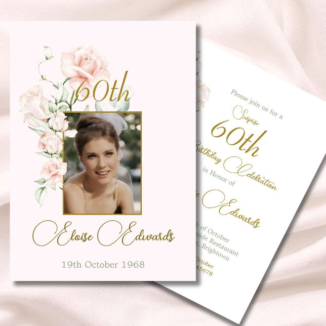 60th Elegant Floral Blush Pink Photo Birthday Invitation (Creator Uploaded)