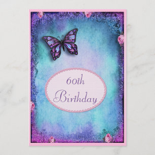 60th Faux Glitter, Butterfly, Roses & Lace Invitation